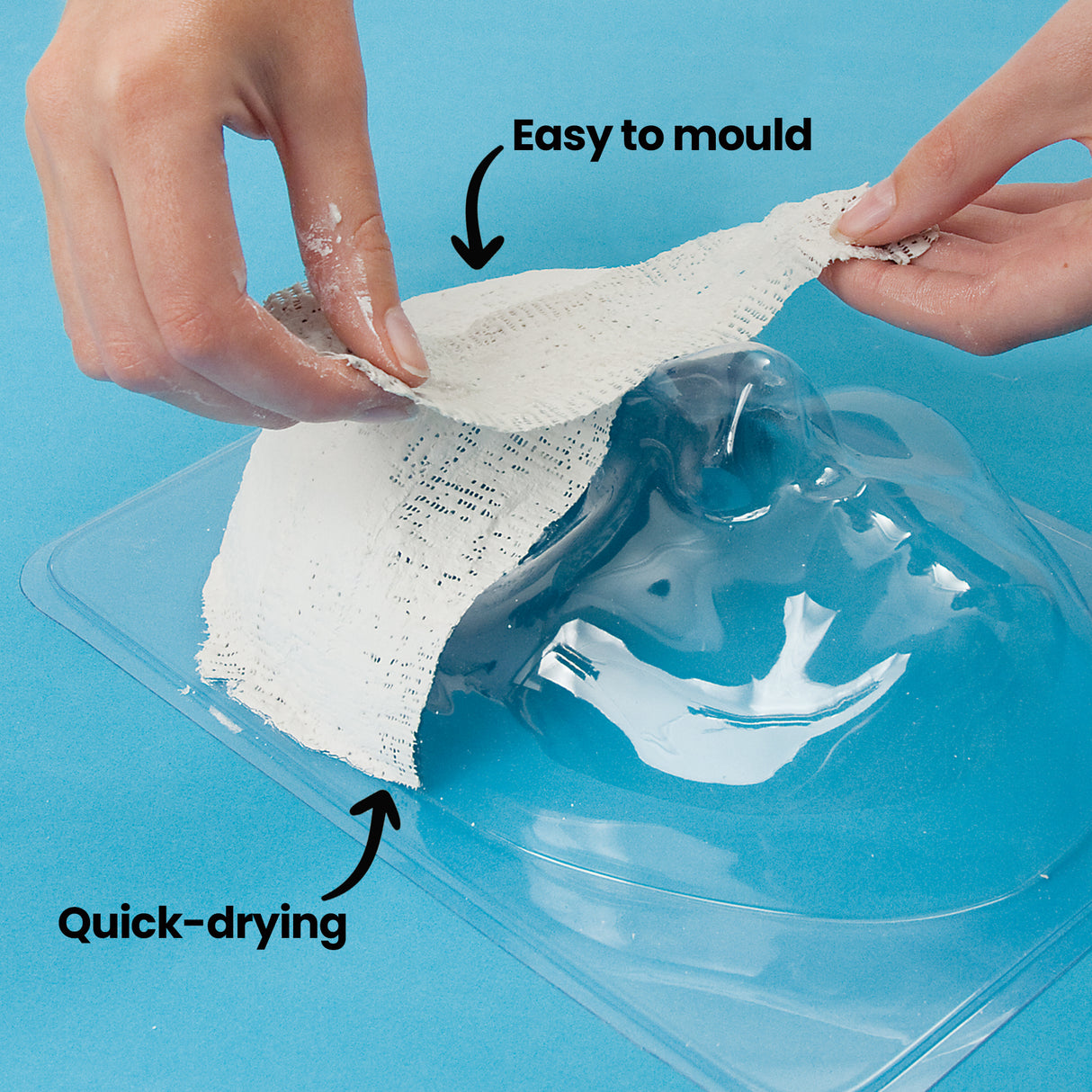 Wet plaster bandage is pressed and shaped over a clear face mould. Annotations read “Easy to mould” and “Quick-drying,” demonstrating flexibility and fast setting time.