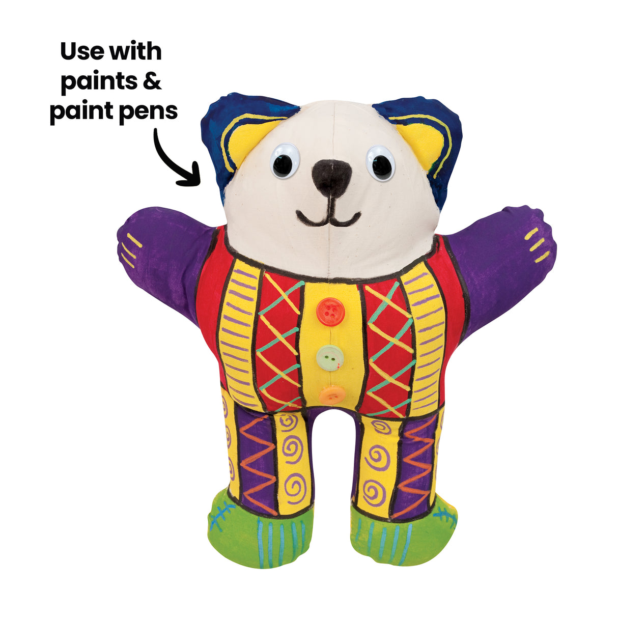 A fully decorated calico bear painted in bold primary colours — red, blue, purple, yellow, and green — with intricate patterns, fabric buttons, and googly eyes. An annotation reads "Use with paints & paint pens." Showcases vibrant mixed-media surface decoration.