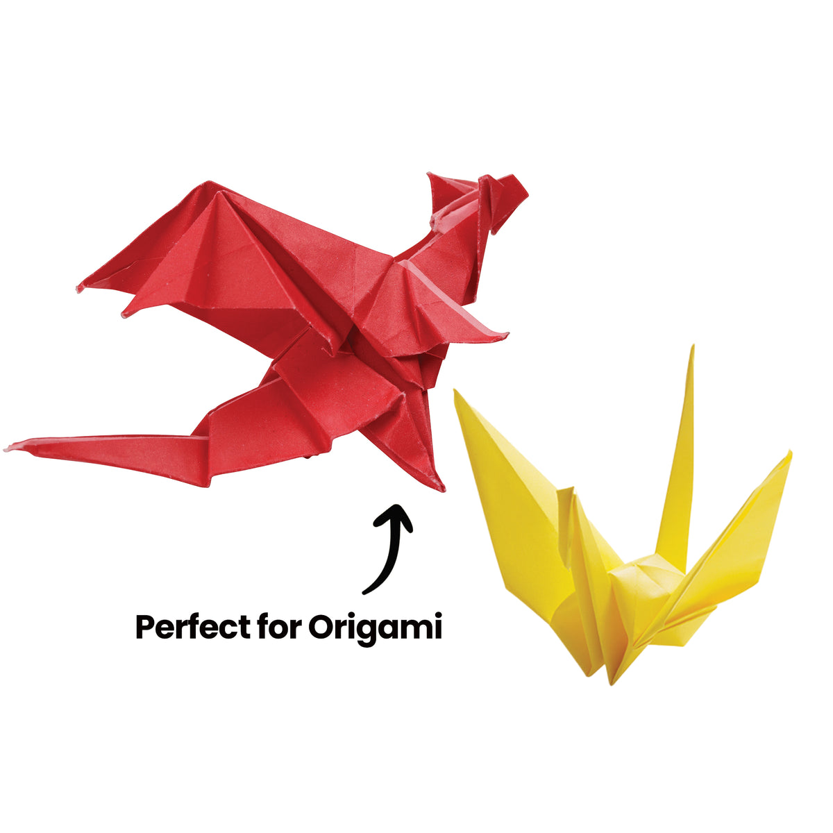 Two folded Collagami paper models against a white background: a red dragon with outstretched wings and a long tail, and a yellow crane with raised wings and a pointed beak. An upward arrow between them carries the annotation ‘Perfect for Origami’.