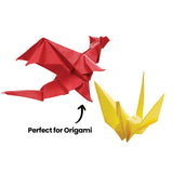 Two folded Collagami paper models against a white background: a red dragon with outstretched wings and a long tail, and a yellow crane with raised wings and a pointed beak. An upward arrow between them carries the annotation ‘Perfect for Origami’.