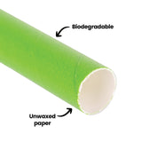 Close-up view of a vibrant green ECO Paper Straw showing its cylindrical form and cut end, revealing the unwaxed paper construction. Annotations point to the biodegradable outer surface and the cream-coloured unwaxed paper interior, highlighting the eco-friendly features of this sustainable drinking straw.