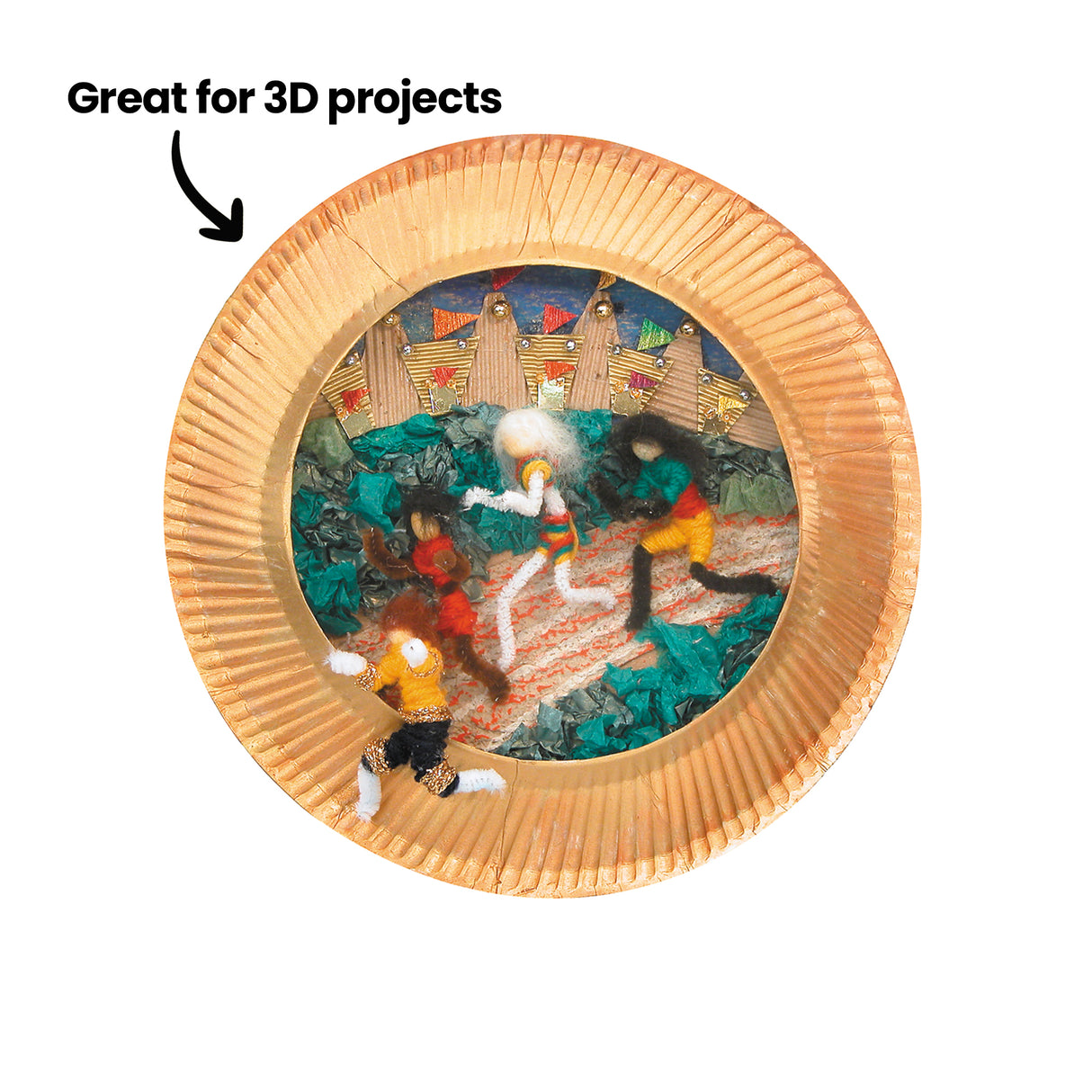 A three-dimensional diorama is built inside a gold-painted Paper Plate frame, featuring textured foliage, small figures, corrugated shapes and metallic details. Black annotation text reads “Great for 3D projects” with a curved arrow pointing towards the layered circular construction.