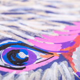 Macro close-up of layered POSCA paint marker strokes forming the eye of a bird. Bright purples, blues, pinks and black lines create a textured, opaque finish.