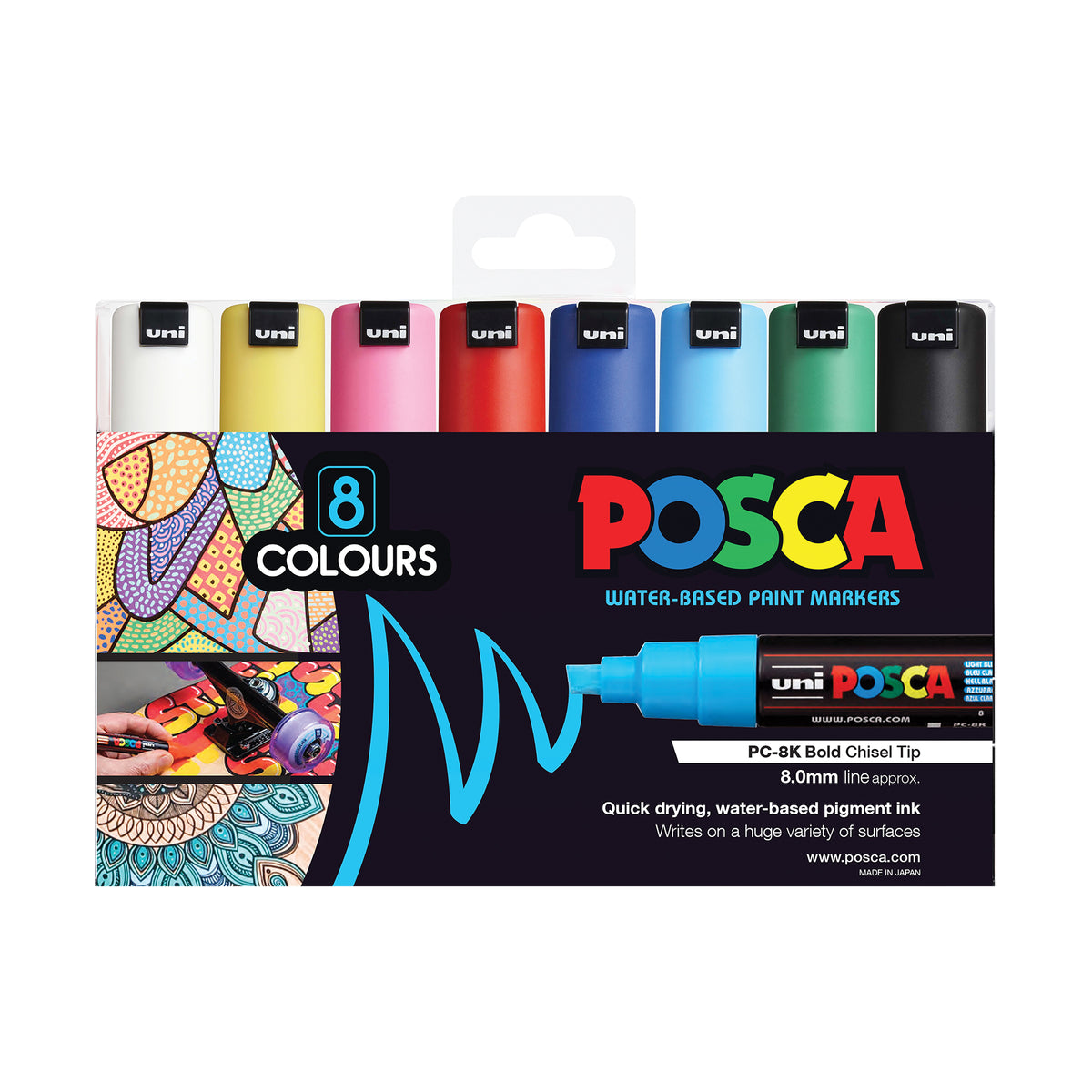 POSCA Chisel Tip Marker packaging with eight capped markers along the top edge, including white, yellow, pink, red, navy, sky blue, green and black. Below sits a dark panel with colourful pattern thumbnails and a large image of an uncapped light blue marker.