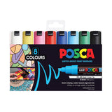 POSCA Chisel Tip Marker packaging with eight capped markers along the top edge, including white, yellow, pink, red, navy, sky blue, green and black. Below sits a dark panel with colourful pattern thumbnails and a large image of an uncapped light blue marker.