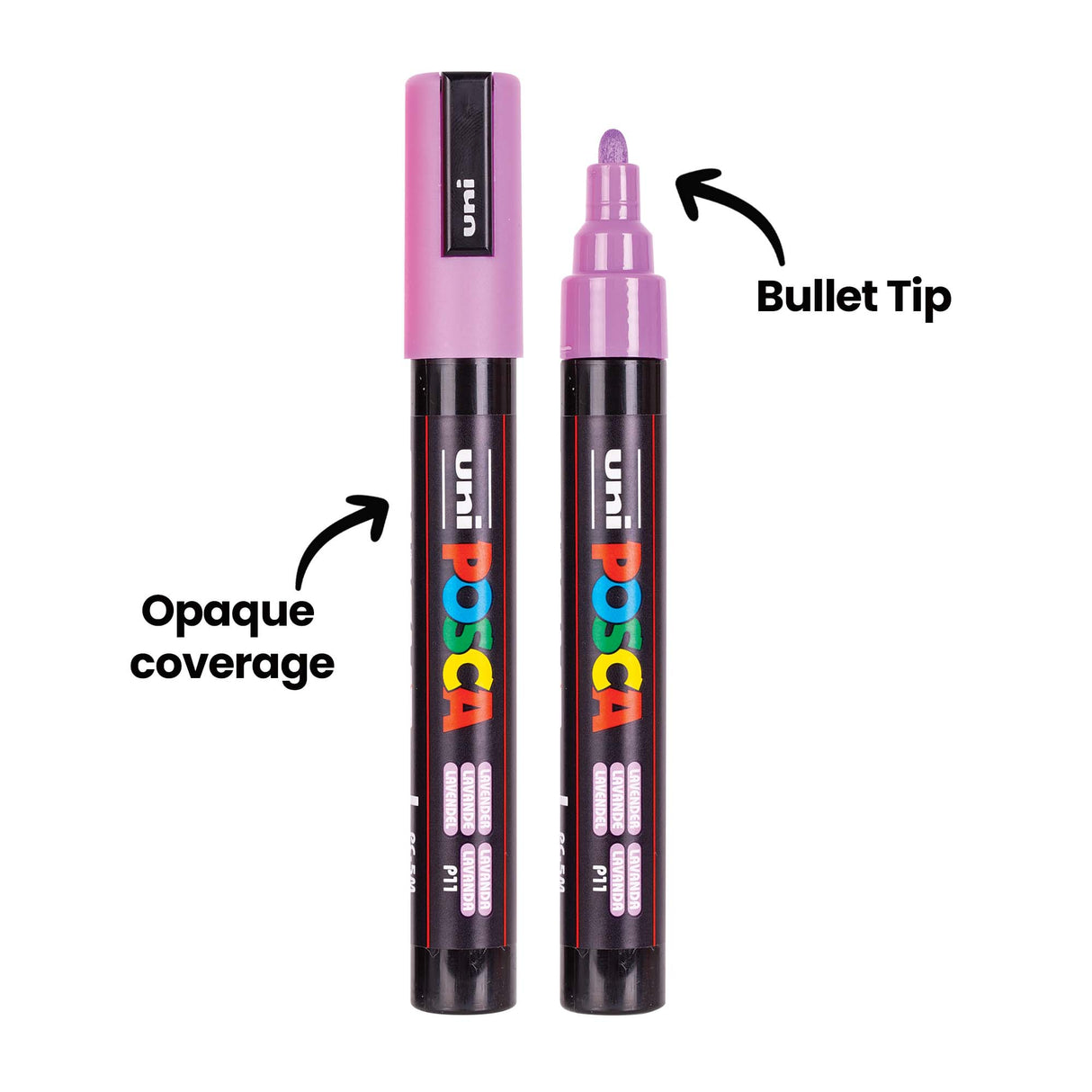 Two Uni POSCA pastel paint markers standing upright, one capped and one uncapped to show the purple bullet tip. Text highlights the marker’s bullet tip and opaque coverage.