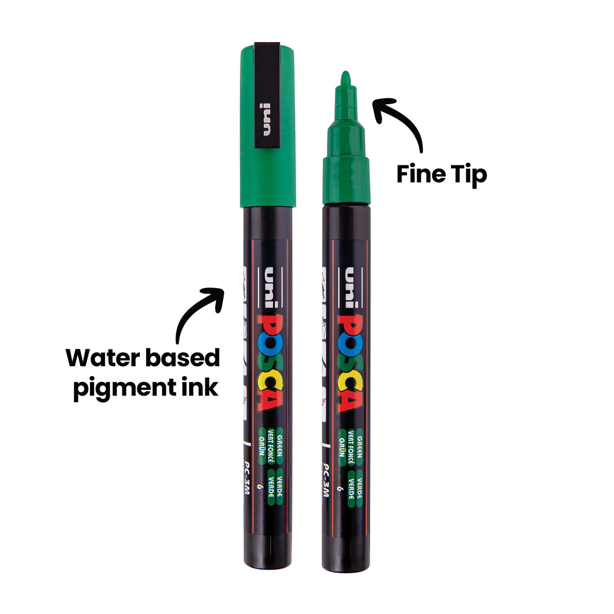 Green POSCA marker shown capped and uncapped side by side. Annotation text points to features: “Water based pigment ink” and “Fine Tip.”