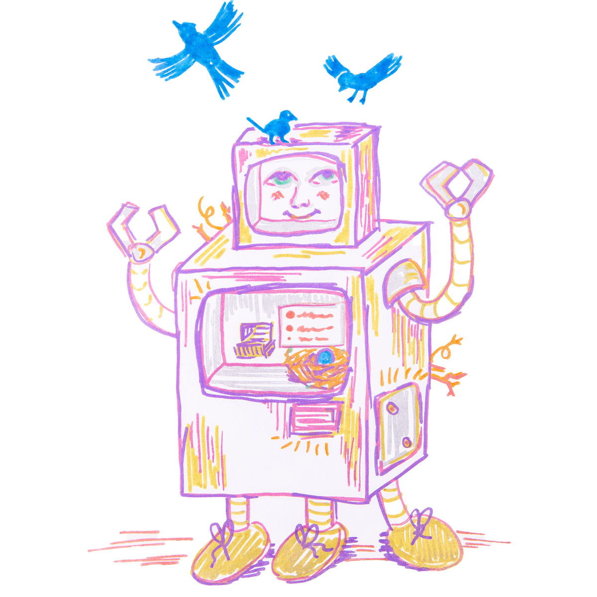 A sample artwork drawn in POSCA Metallic Markers on white paper, showing a boxy robot with a smiling face, striped arms and legs, and yellow shoes, with two blue birds flying above and a small bird perched on its head.