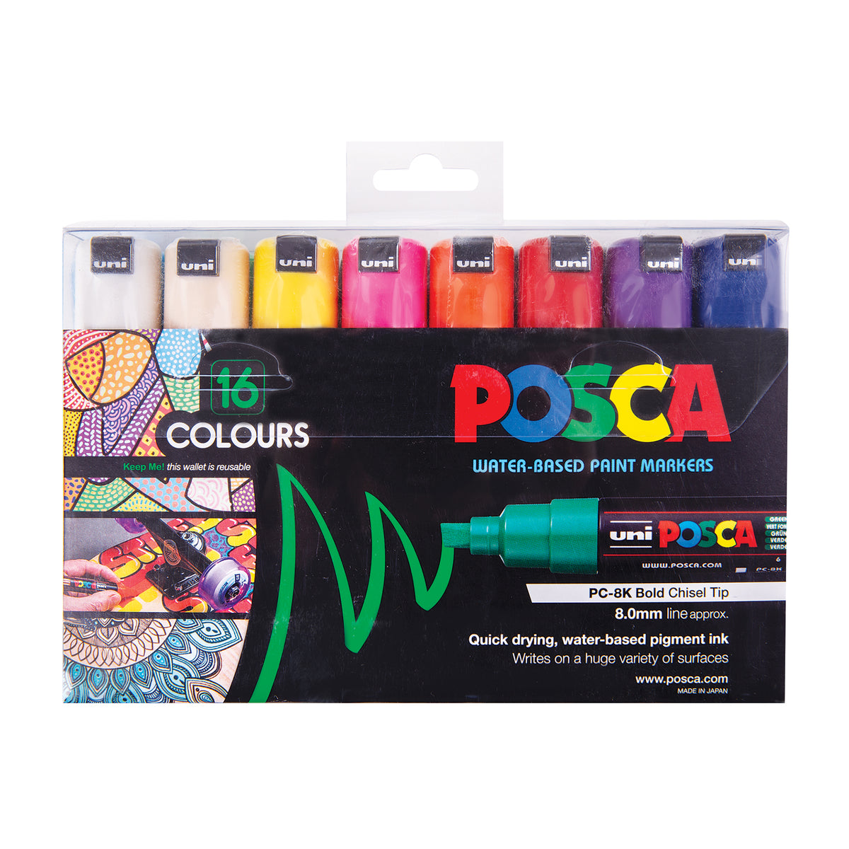 POSCA Chisel Tip Marker packaging with eight capped markers visible along the top edge, including white, cream, yellow, pink, orange, red, purple and navy. Below sits a dark panel with colourful pattern thumbnails and a large image of an uncapped green marker.