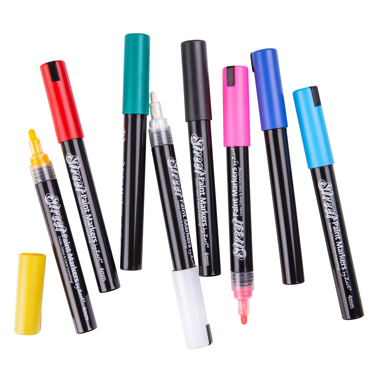 Assorted Zart Street Paint Markers scattered on a white background, with several markers uncapped to show the bullet nibs. Bright colours include red, yellow, blue, turquoise, pink and white.