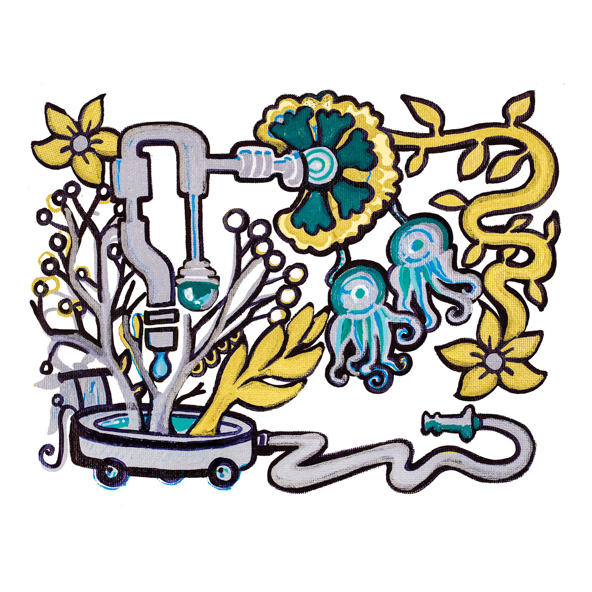 A vibrant illustration using Zart Street Markers combines mechanical pipe forms with organic elements like flowers and jellyfish shapes. Bold black outlines contrast with flat fills of teal, yellow, and grey, showing smooth, even coverage and clean edges across the composition.