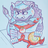 A detailed illustration of a stylised Chinese guardian lion (shishi), rendered in cool blues and purples with red accents on its collar, bell and swirling ribbon. Drawn in bold outline with layered shading and curling mane details, created using Street Paint Markers by Zart.