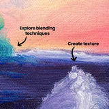 Close-up detail of the seascape painting showing dark blue water, a foaming wave and a warm sunset sky. Black arrows label techniques with the text Explore blending techniques and Create texture. Thick ridged paint in the wave contrasts with softly blended colour in the background.
