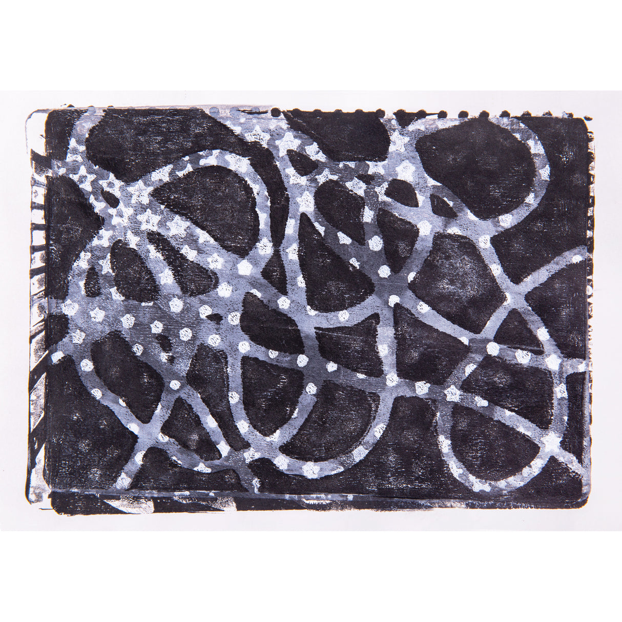 Abstract monoprint produced with a Gel Print Plate by Zart, combining black, grey and white layers. Rounded shapes, dotted trails, star-like motifs and curved lines overlap, forming a richly textured surface with varied tonal depth and a slightly irregular printed edge.