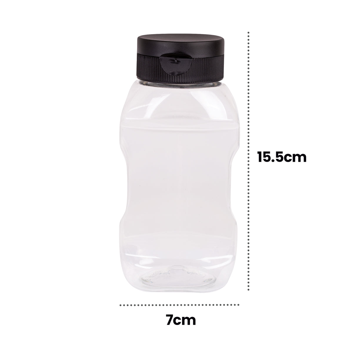 Single empty clear plastic bottle displayed upright with measurement annotations “15.5cm” along the height and “7cm” along the base. The wide body and flat-topped lid design are clearly visible against a white background.