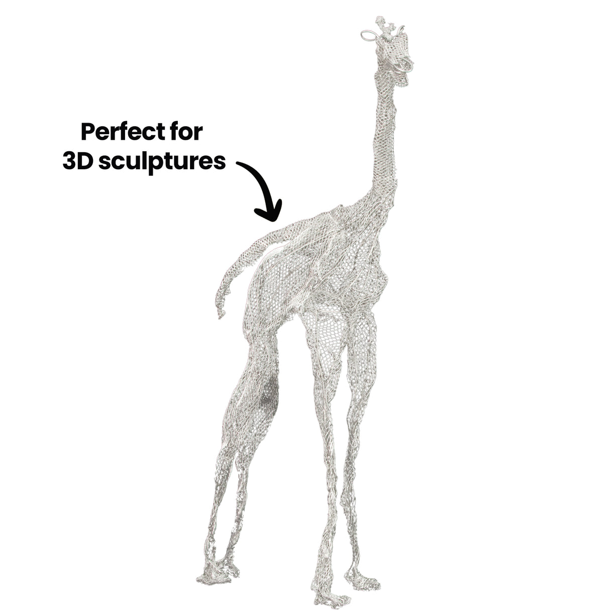 Tall giraffe sculpture formed from Flex-it Mesh (Medium), with elongated limbs and neck. The silvery diamond weave creates a translucent, lace-like surface. Bold black annotation text reads: “Perfect for 3D sculptures” with an arrow pointing to the figure.
