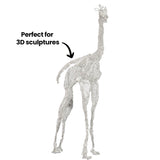 Tall giraffe sculpture formed from Flex-it Mesh (Medium), with elongated limbs and neck. The silvery diamond weave creates a translucent, lace-like surface. Bold black annotation text reads: “Perfect for 3D sculptures” with an arrow pointing to the figure.