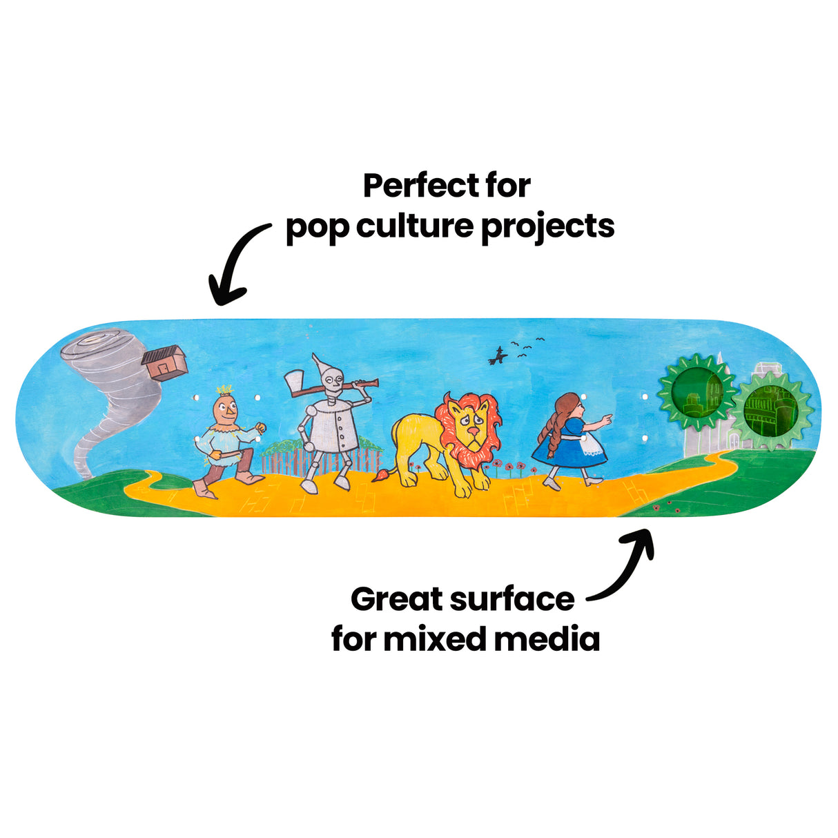 Painted skateboard deck featuring illustrated pop culture characters across a bright landscape. Annotation text reads “Perfect for pop culture projects” above the artwork and “Great surface for mixed media” pointing to the deck.
