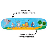 Painted skateboard deck featuring illustrated pop culture characters across a bright landscape. Annotation text reads “Perfect for pop culture projects” above the artwork and “Great surface for mixed media” pointing to the deck.
