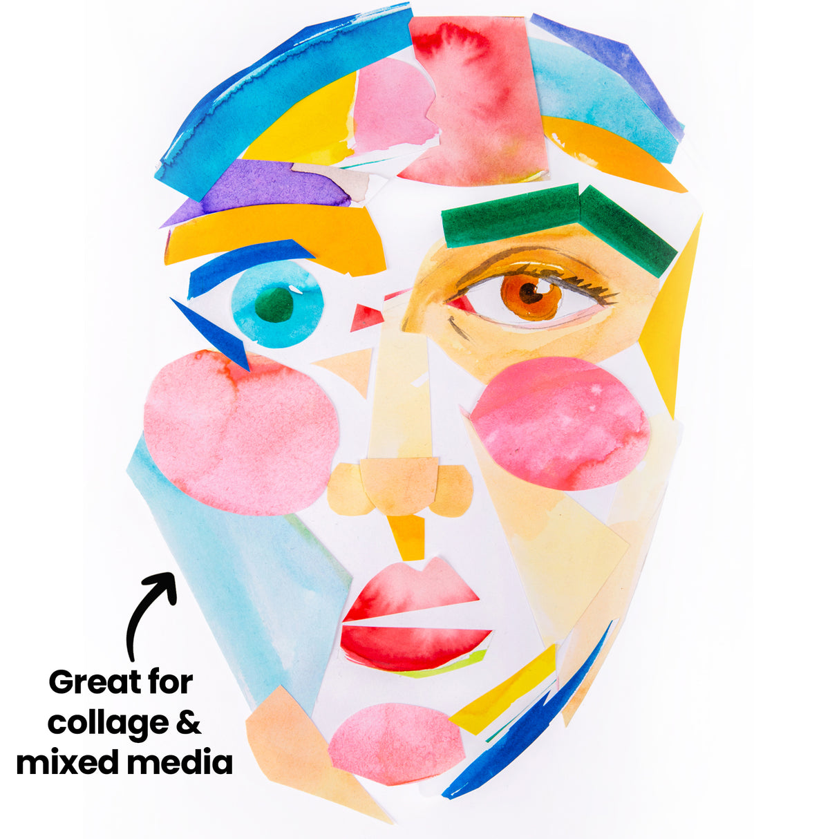 Abstract collage portrait made from cut watercolour paper pieces in bright colours including pink, blue, yellow, and green. Layered shapes form facial features with visible brush textures. Annotation text reads “Great for collage & mixed media”
