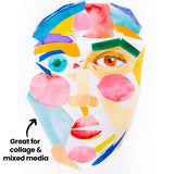 Abstract collage portrait made from cut watercolour paper pieces in bright colours including pink, blue, yellow, and green. Layered shapes form facial features with visible brush textures. Annotation text reads “Great for collage & mixed media”