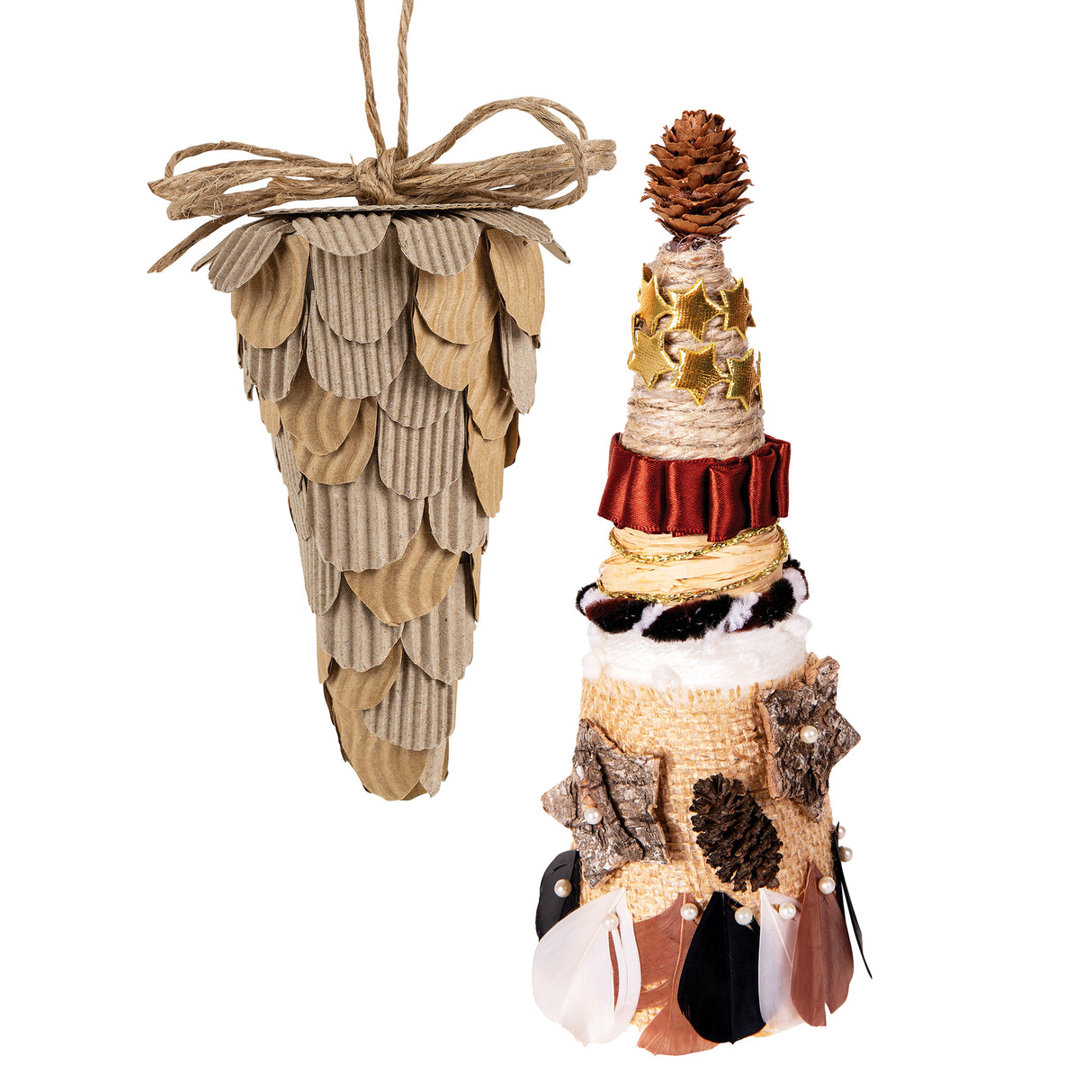Two cone-shaped samples made using Zart Poly Cones: one covered in overlapping scalloped cardboard "petals" with a jute bow, the other wrapped in twine, ribbon, raffia and faux fur, finished with a pinecone, gold stars, bark pieces and feathers.