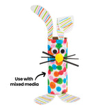 A decorated rabbit craft made from a papier-mache tube is shown with painted paper ears, paper feet, googly eyes and whiskers. Black annotation text reads “Use with mixed media”, demonstrating how the kraft cardboard tube can be combined with drawing, collage and craft materials.