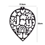 A plain black stencil cut-out from the Zart Stained Glass Wellbeing Baubles range, in a teardrop bauble shape reading "Joy" surrounded by hearts, flowers and a rainbow motif. Dimension labels mark the design at 17.5cm wide by 23cm high.