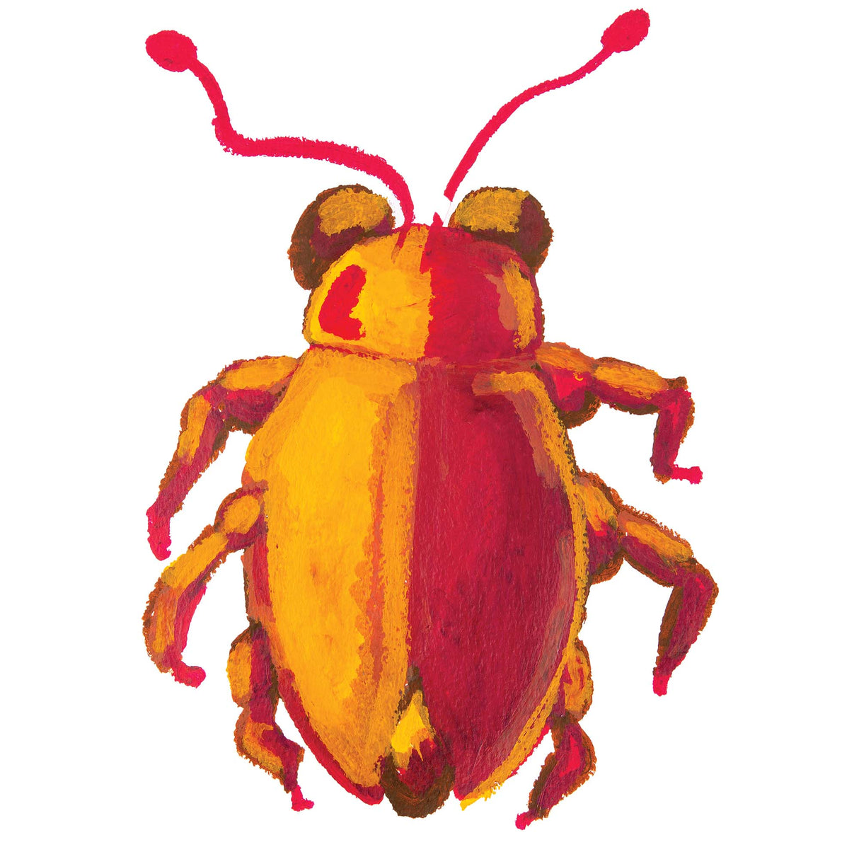 A vibrant beetle illustration made with Zart Colour Slicks, combining warm yellows, oranges, and reds. The layered paint stick texture gives the insect a bold, expressive appearance.