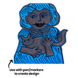 Carved blue Velvet Print Lino Tile featuring a stylised person holding a cat. On-image text reads “Use with pen/markers to create design,” indicating the surface can be drawn on before carving to develop detailed line work.