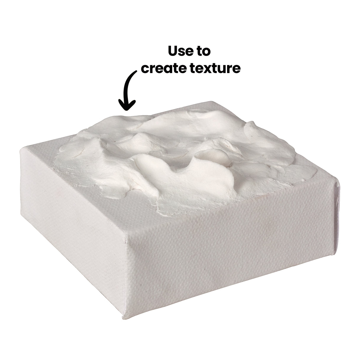 White Paper Magiclay applied thickly to a canvas surface. Annotation reads “Use to create texture,” showing suitability for relief and surface work.