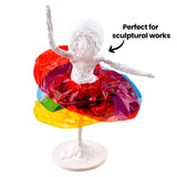 Small plaster bandage sculpture of a figure wearing a colourful translucent skirt. Annotation reads “Perfect for sculptural works,” showing suitability for three-dimensional art projects.