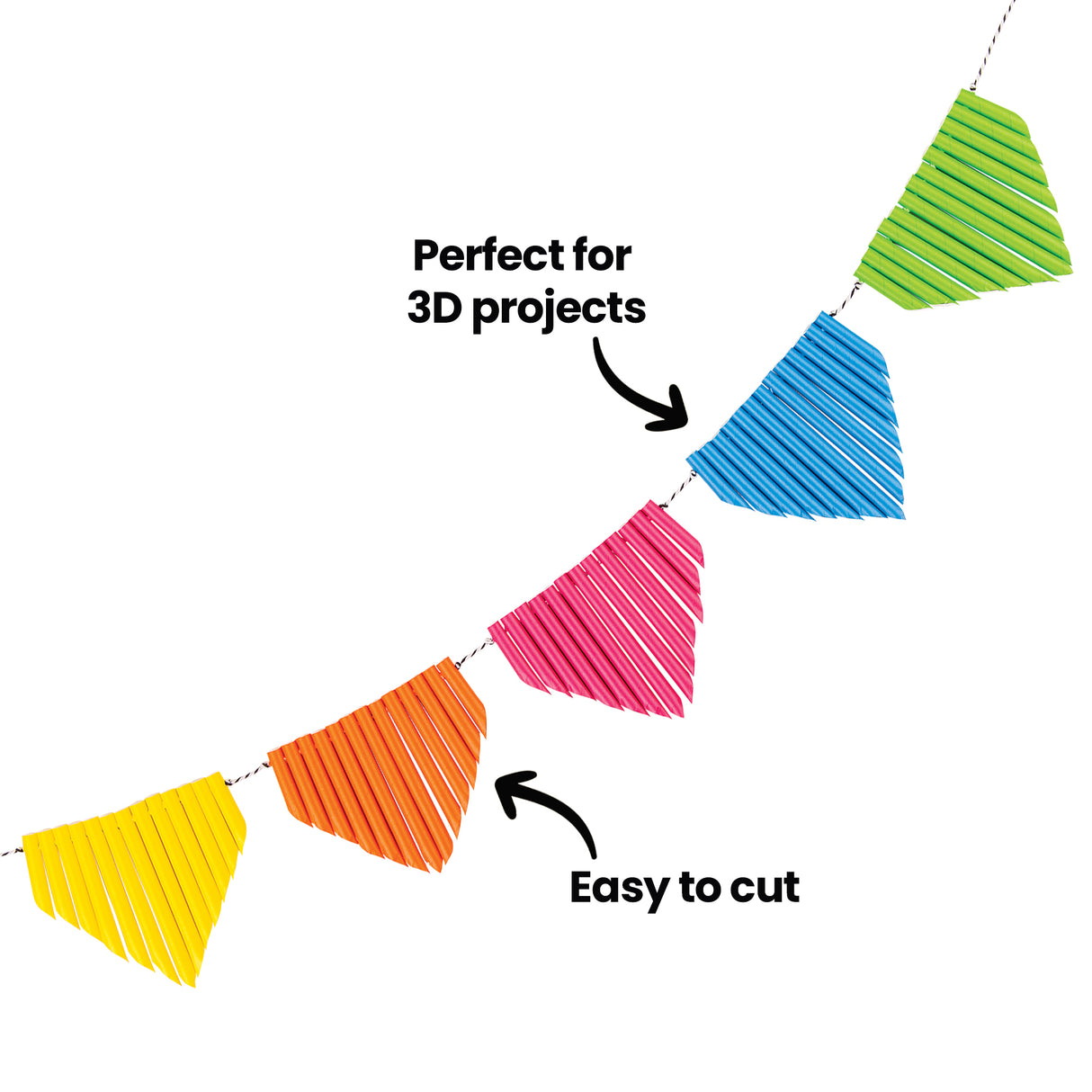 Colourful bunting made from ECO Paper Straws in yellow, orange, pink, blue and green, strung together in triangle shapes with ridged texture. Text annotations read Perfect for 3D projects and Easy to cut, demonstrating the straws' versatility for craft activities.