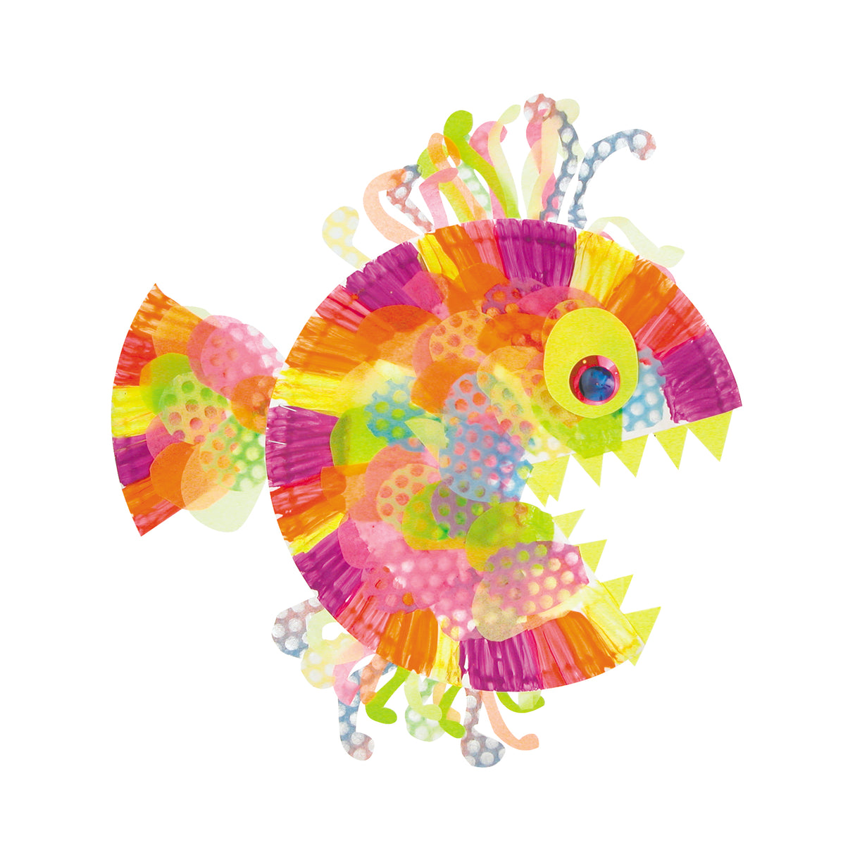 A colourful fish artwork is made from cut and layered Paper Plates, with painted pink, orange and yellow sections, translucent circular scales, patterned tentacle-like details and triangular teeth. The surface combines glossy paint, collage textures and bright overlapping shapes.