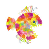 A colourful fish artwork is made from cut and layered Paper Plates, with painted pink, orange and yellow sections, translucent circular scales, patterned tentacle-like details and triangular teeth. The surface combines glossy paint, collage textures and bright overlapping shapes.