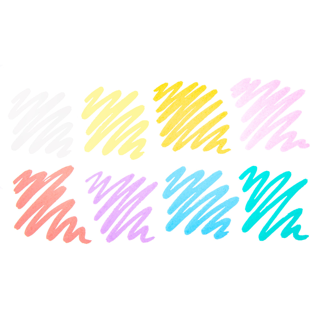 Swatches created with POSCA pastel paint markers, showing smooth opaque strokes in white, yellow, pale yellow, pink, peach, purple, blue and aqua.