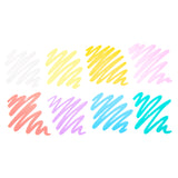 Swatches created with POSCA pastel paint markers, showing smooth opaque strokes in white, yellow, pale yellow, pink, peach, purple, blue and aqua.