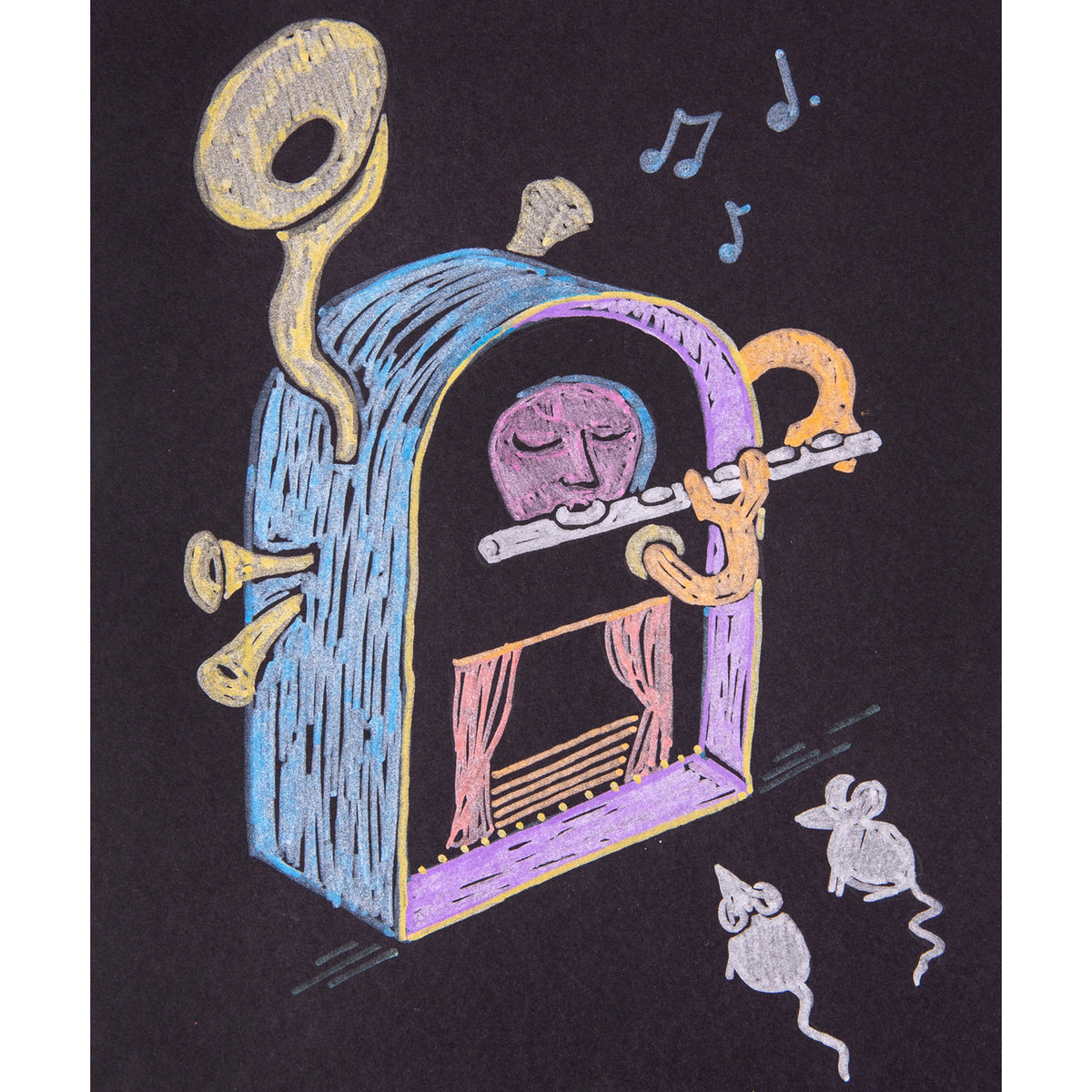 A sample artwork drawn in POSCA Metallic Markers on black paper, showing an arched music-box shape with brass horn details, a pink face playing a silver flute, a curtained stage below, floating music notes and two small mice at the bottom right.