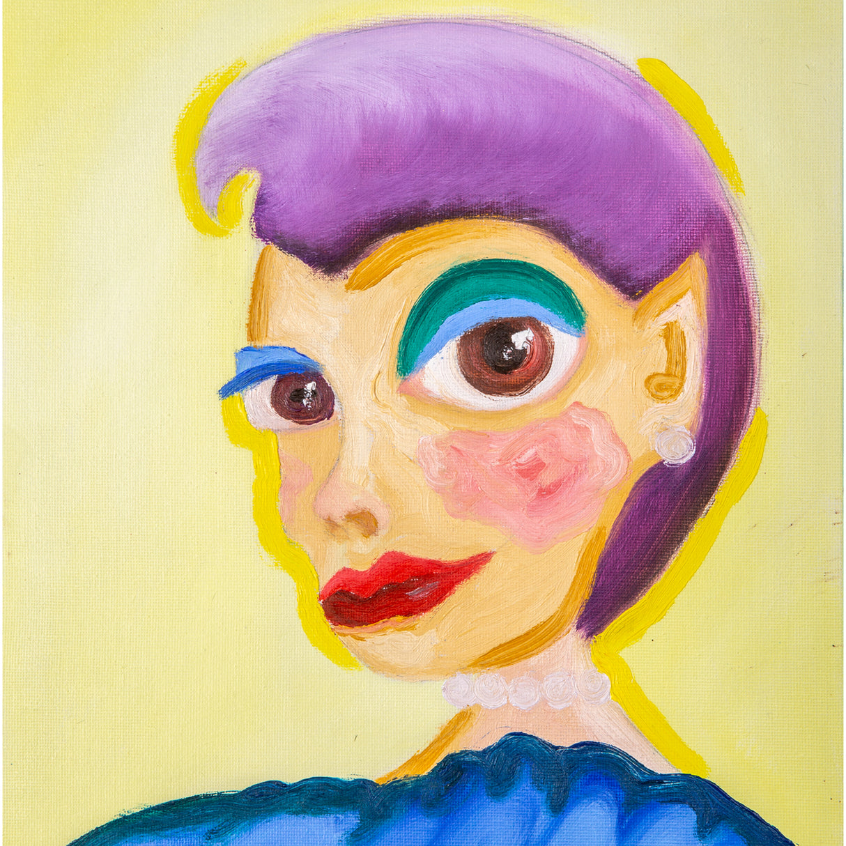 Stylised portrait painting of a person with purple hair, oversized brown eyes, blue and green eye makeup, rosy cheeks, red lips and a blue top. A pale yellow background and bright yellow contour lines heighten the playful look. Thick oil paint gives the image texture.