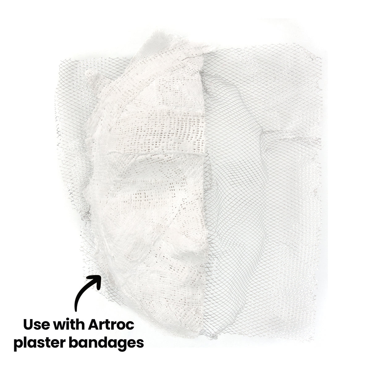 Flex-it Mesh (Medium) draped over a face mask form beneath plaster bandages, revealing layered textures. The fine diamond weave subtly shows through the matte white surface, creating a structured, contoured finish. Annotation text reads: “Use with Artroc plaster bandages”.