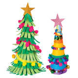 Two fringed tree samples made using Zart Poly Cones. One features green paper fringing with pink and yellow pom-pom trims and a gold star topper; the other is wrapped in colourful yarn with bead strands, pom-poms, bells and a pink star.