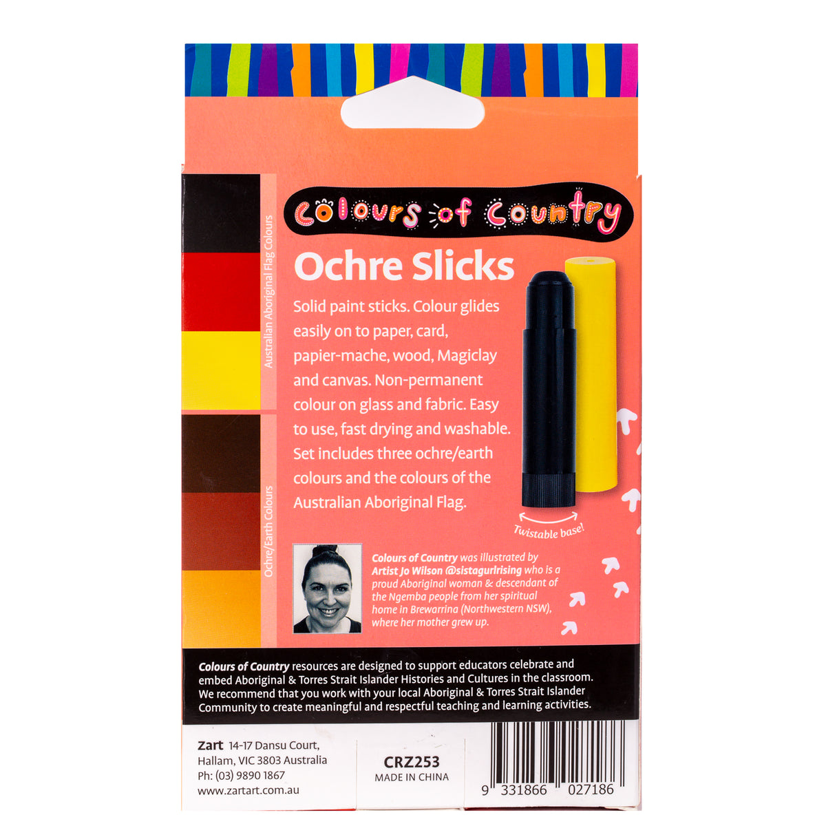The reverse of the Zart Colours of Country Ochre Slicks packaging, showing two colour swatch strips — Australian Aboriginal Flag colours and ochre/earth tones — beside a photo of the illustrating artist. A yellow stick and black-capped stick sit alongside descriptive text panels.