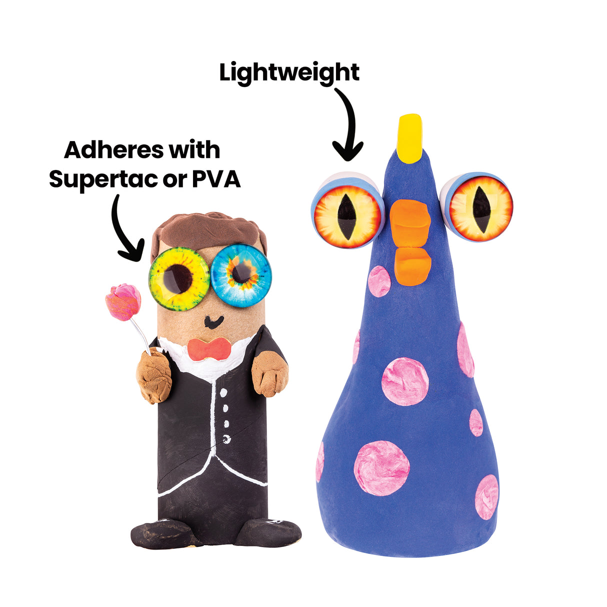 Two handcrafted figures showcase Creature Eyes featuring colourful iris designs including yellow, blue, and orange patterns with black pupils. The lightweight foam eyes adhere to dimensional artworks using Supertac or PVA glue, demonstrated on a character in formal attire and a blue decorative cone with pink spots.