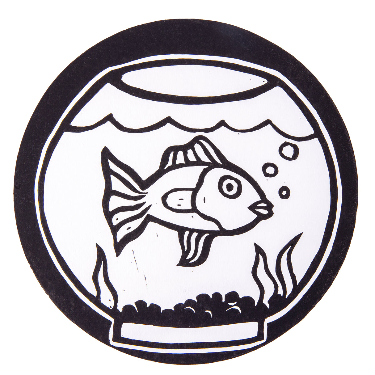 Black ink print made from a Mastercut Print Lino Round block, showing a fish inside a fishbowl with bubbles, waterline and plants. The bold linework sits within a circular border on white paper. Simple graphic design demonstrates clean print transfer and strong contrast.