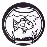 Black ink print made from a Mastercut Print Lino Round block, showing a fish inside a fishbowl with bubbles, waterline and plants. The bold linework sits within a circular border on white paper. Simple graphic design demonstrates clean print transfer and strong contrast.