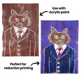 Two foam plate prints of a cat in a suit are shown side by side on a white background. One print is brown and white, and the other is blue with a pink tie. Annotated text reads “Use with Acrylic paint” and “Perfect for reduction printing”, with arrows pointing to the prints.