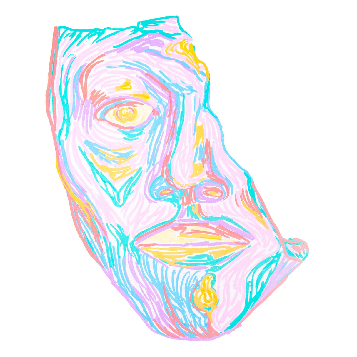 Colourful abstract face artwork created with POSCA pastel paint markers, featuring swirling layered lines in pink, blue, yellow, purple and peach.