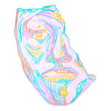 Colourful abstract face artwork created with POSCA pastel paint markers, featuring swirling layered lines in pink, blue, yellow, purple and peach.