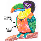Illustration of a toucan wearing sunglasses and an orange floral shirt, coloured with Street Paint Markers. Labels highlight the opaque coverage and suitability for use on paper.