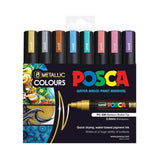 POSCA Metallic Marker packaging showing all eight capped markers above a dark navy box panel with gold text and colourful sample artwork thumbnails along the left edge. A large product image of the gold marker uncapped sits in the lower right of the panel.
